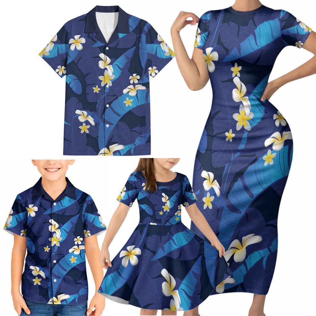 Teal Purple Banana Leaf Hawaii Family Matching Short Sleeve Bodycon Dress and Hawaiian Shirt Lau Maia Plumeria Tropical Summer Vibes