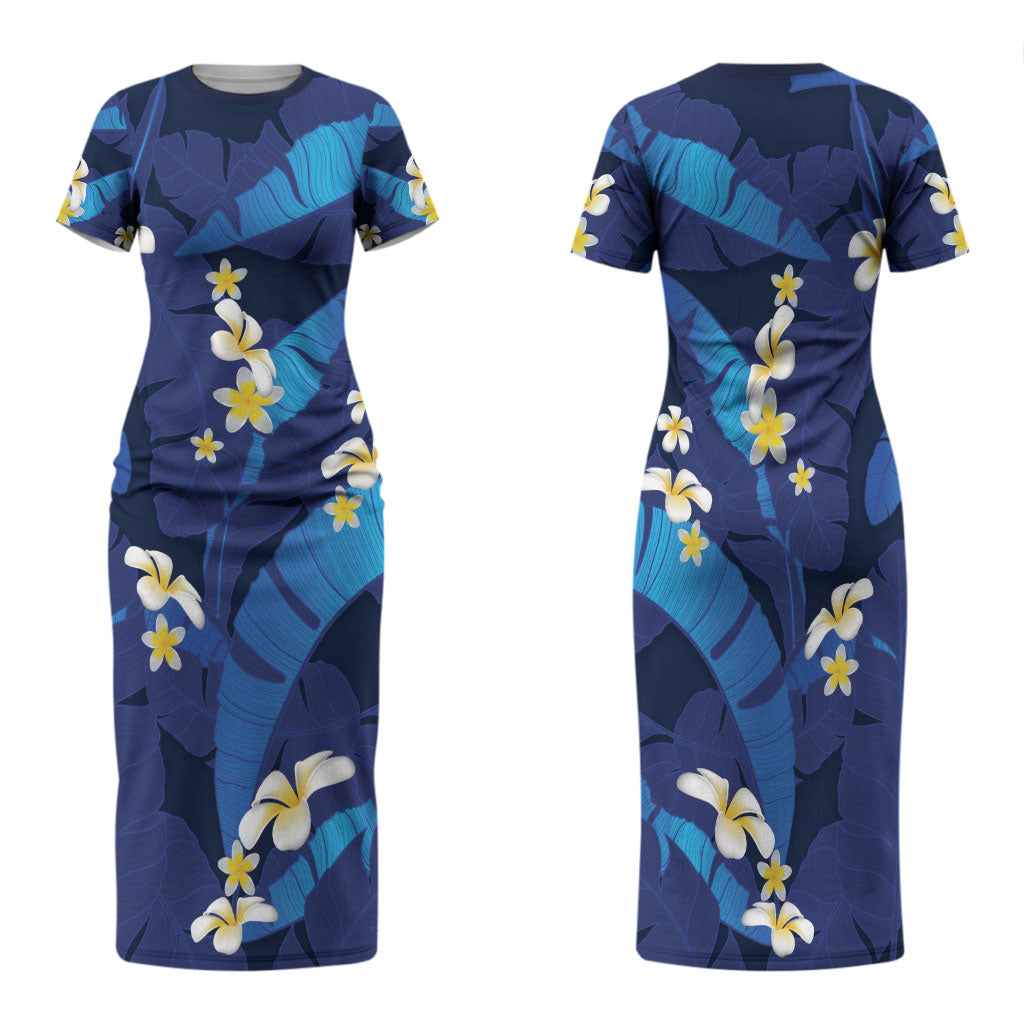 Teal Purple Banana Leaf Hawaii Family Matching Short Sleeve Bodycon Dress and Hawaiian Shirt Lau Maia Plumeria Tropical Summer Vibes