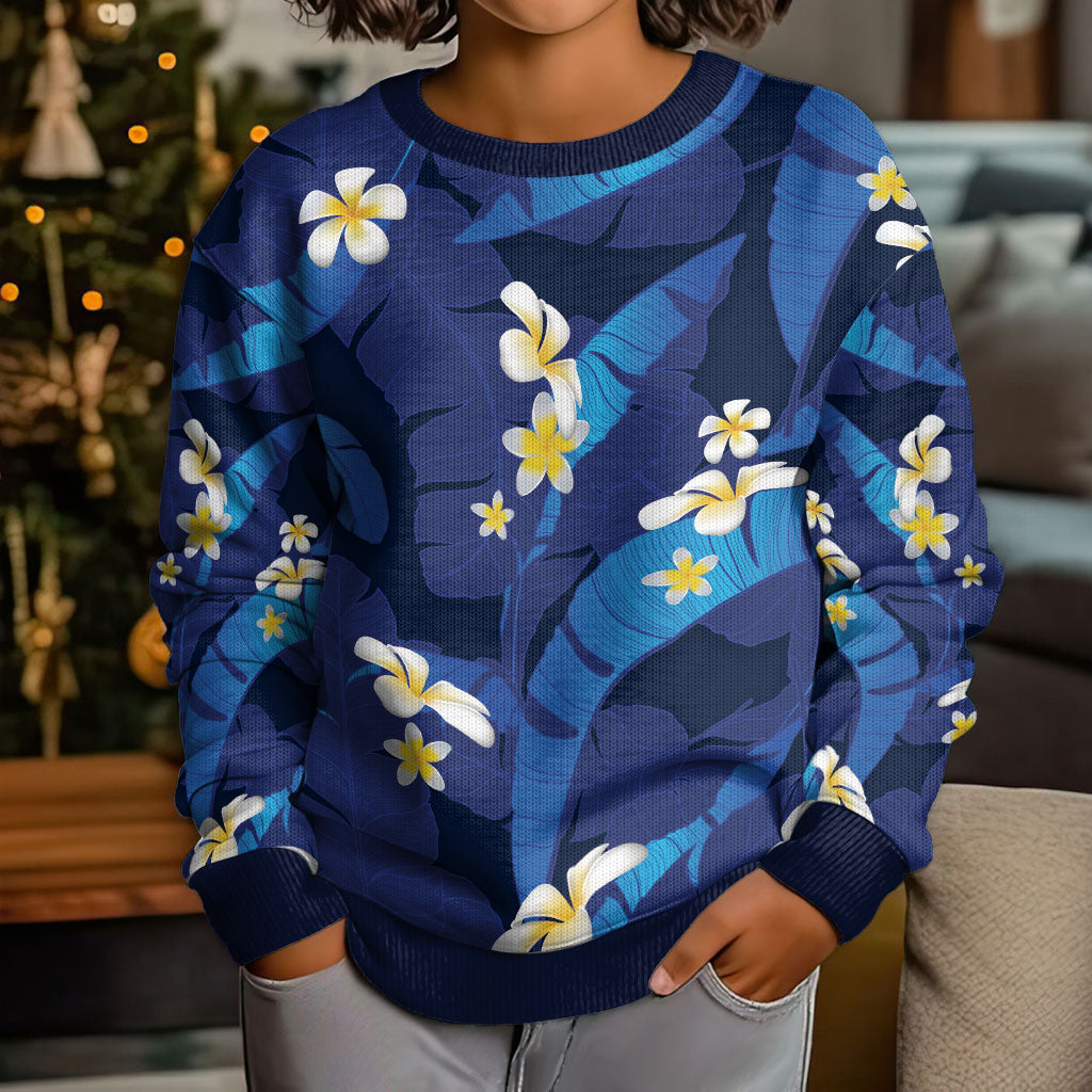 Teal Purple Banana Leaf Hawaii Kid Ugly Christmas Sweater Lau Maia Plumeria Tropical Summer Vibes LT14 - Polynesian Pride