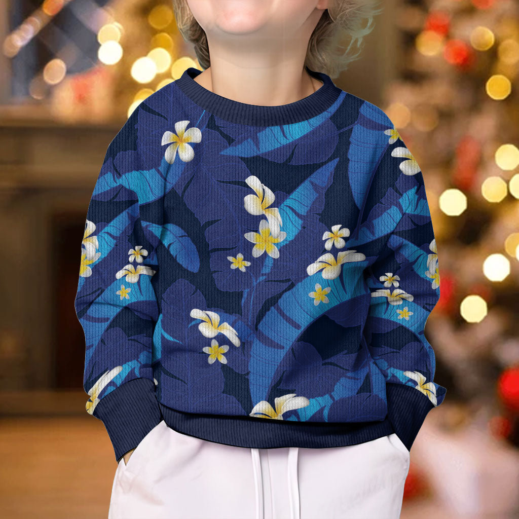 Teal Purple Banana Leaf Hawaii Kid Ugly Christmas Sweater Lau Maia Plumeria Tropical Summer Vibes LT14 - Polynesian Pride