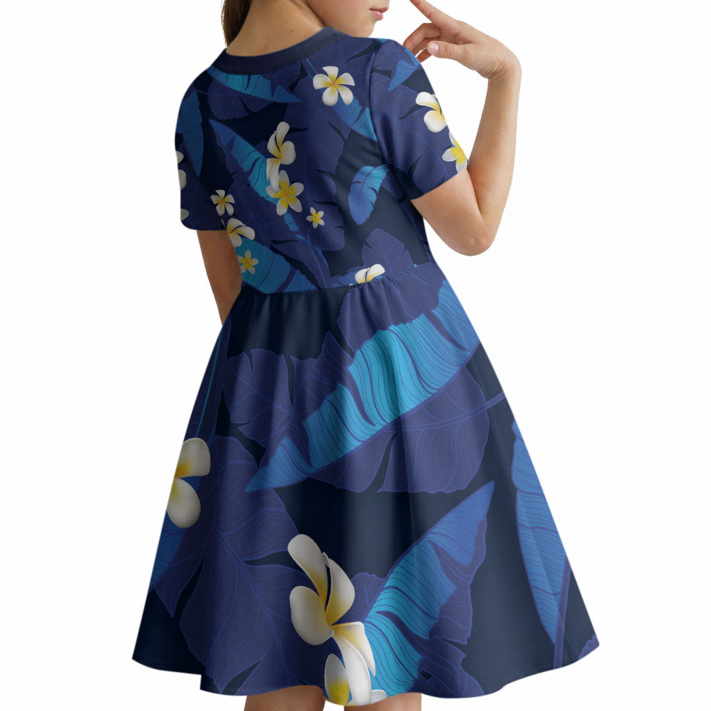 Teal Purple Banana Leaf Hawaii Kid Short Sleeve Dress Lau Maia Plumeria Tropical Summer Vibes