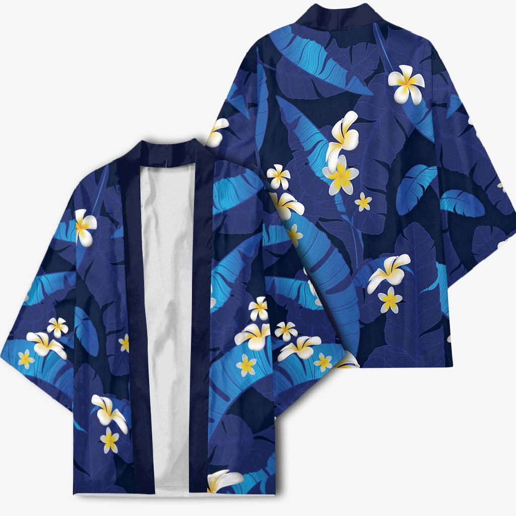 Teal Purple Banana Leaf Hawaii Kimono Lau Maia Plumeria Tropical Summer Vibes