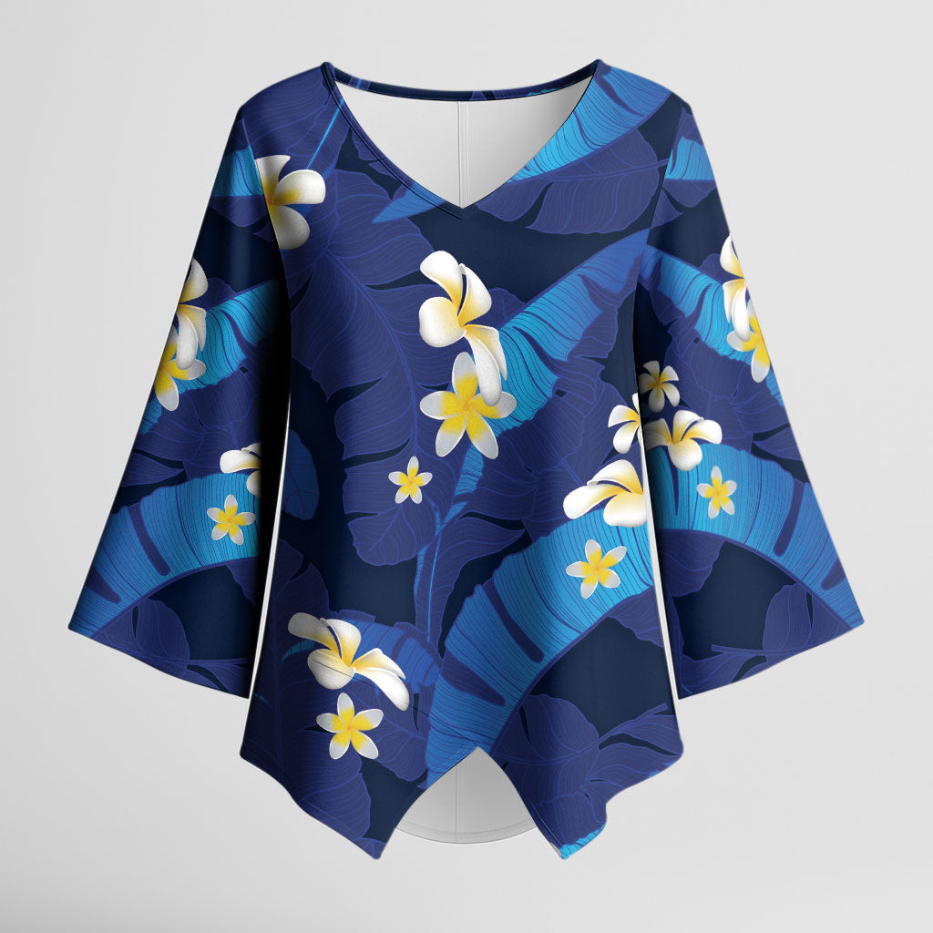 Teal Purple Banana Leaf Hawaii Kimono Sleeve Blouse Lau Maia Plumeria Tropical Summer Vibes