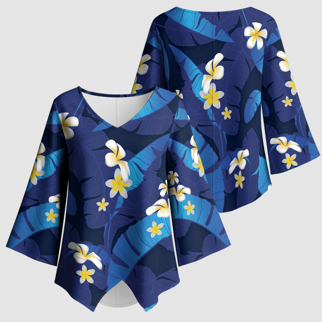 Teal Purple Banana Leaf Hawaii Kimono Sleeve Blouse Lau Maia Plumeria Tropical Summer Vibes