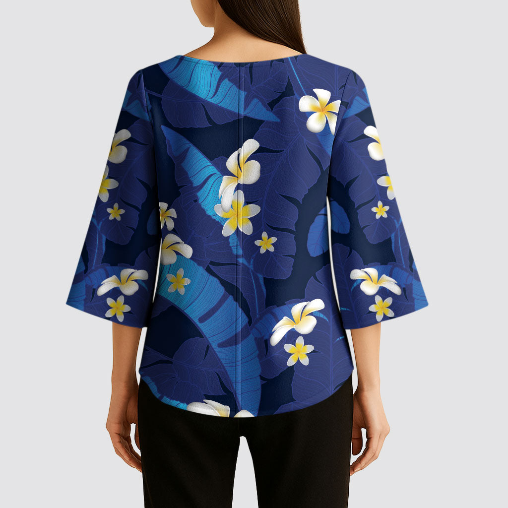 Teal Purple Banana Leaf Hawaii Kimono Sleeve Blouse Lau Maia Plumeria Tropical Summer Vibes