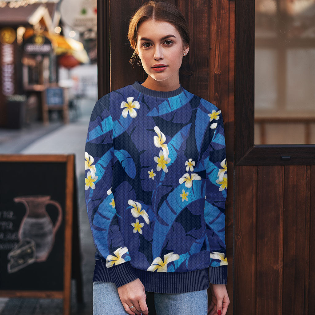 Teal Purple Banana Leaf Hawaii Ugly Christmas Sweater Lau Maia Plumeria Tropical Summer Vibes LT14 - Polynesian Pride