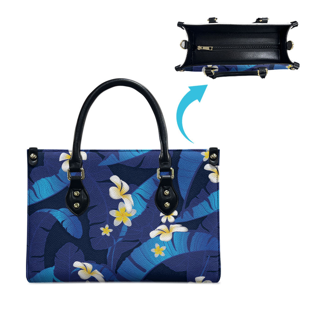 Teal Purple Banana Leaf Hawaii Leather Bag Lau Maia Plumeria Tropical Summer Vibes