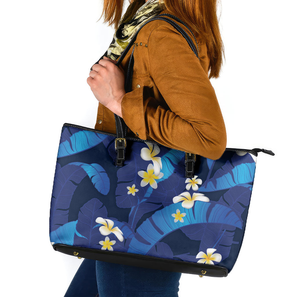 Teal Purple Banana Leaf Hawaii Leather Tote Bag Lau Maia Plumeria Tropical Summer Vibes
