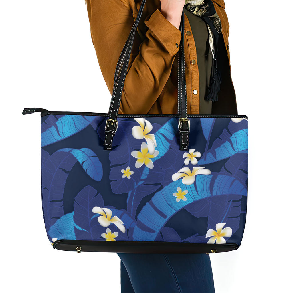Teal Purple Banana Leaf Hawaii Leather Tote Bag Lau Maia Plumeria Tropical Summer Vibes