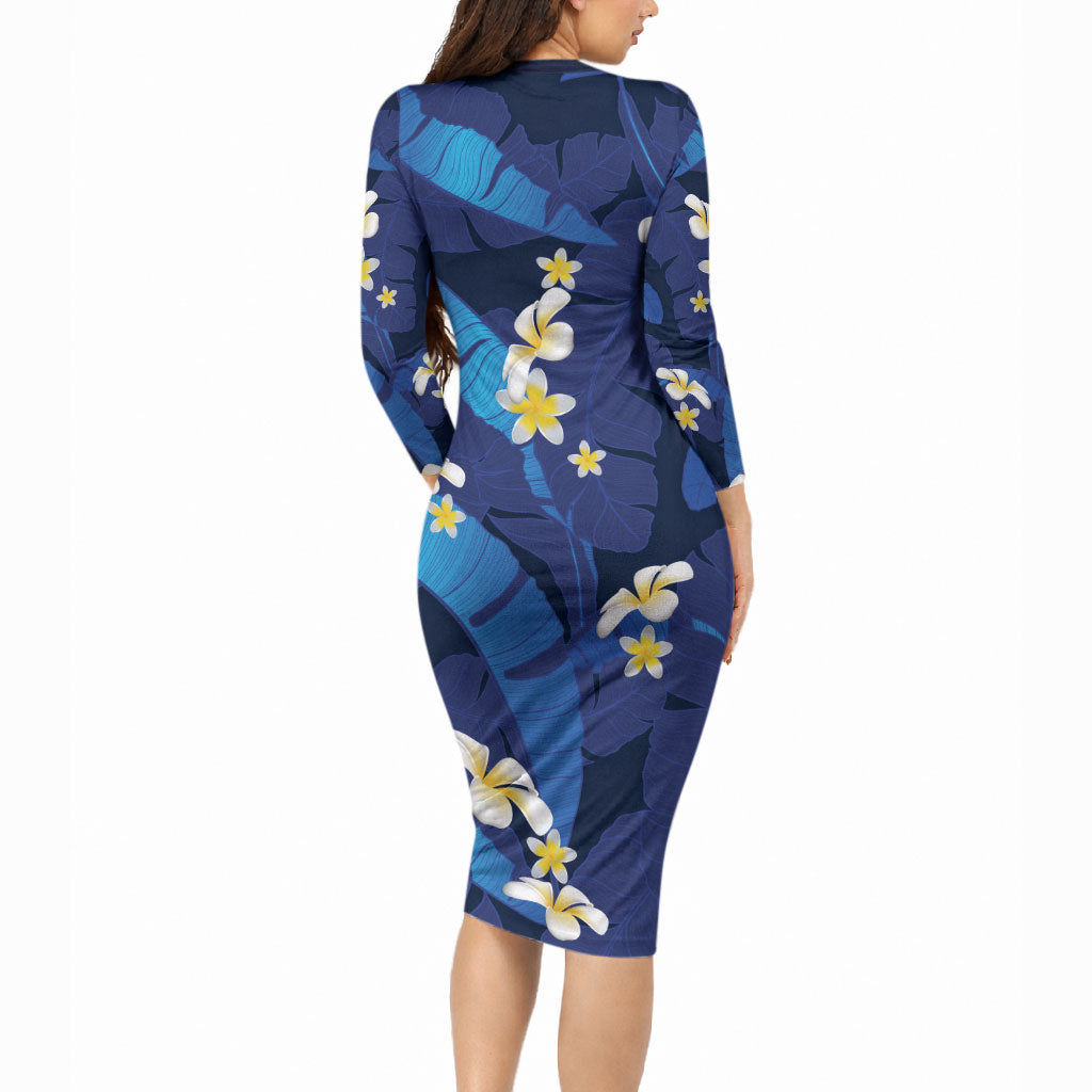 Teal Purple Banana Leaf Hawaii Long Sleeve Bodycon Dress Lau Maia Plumeria Tropical Summer Vibes