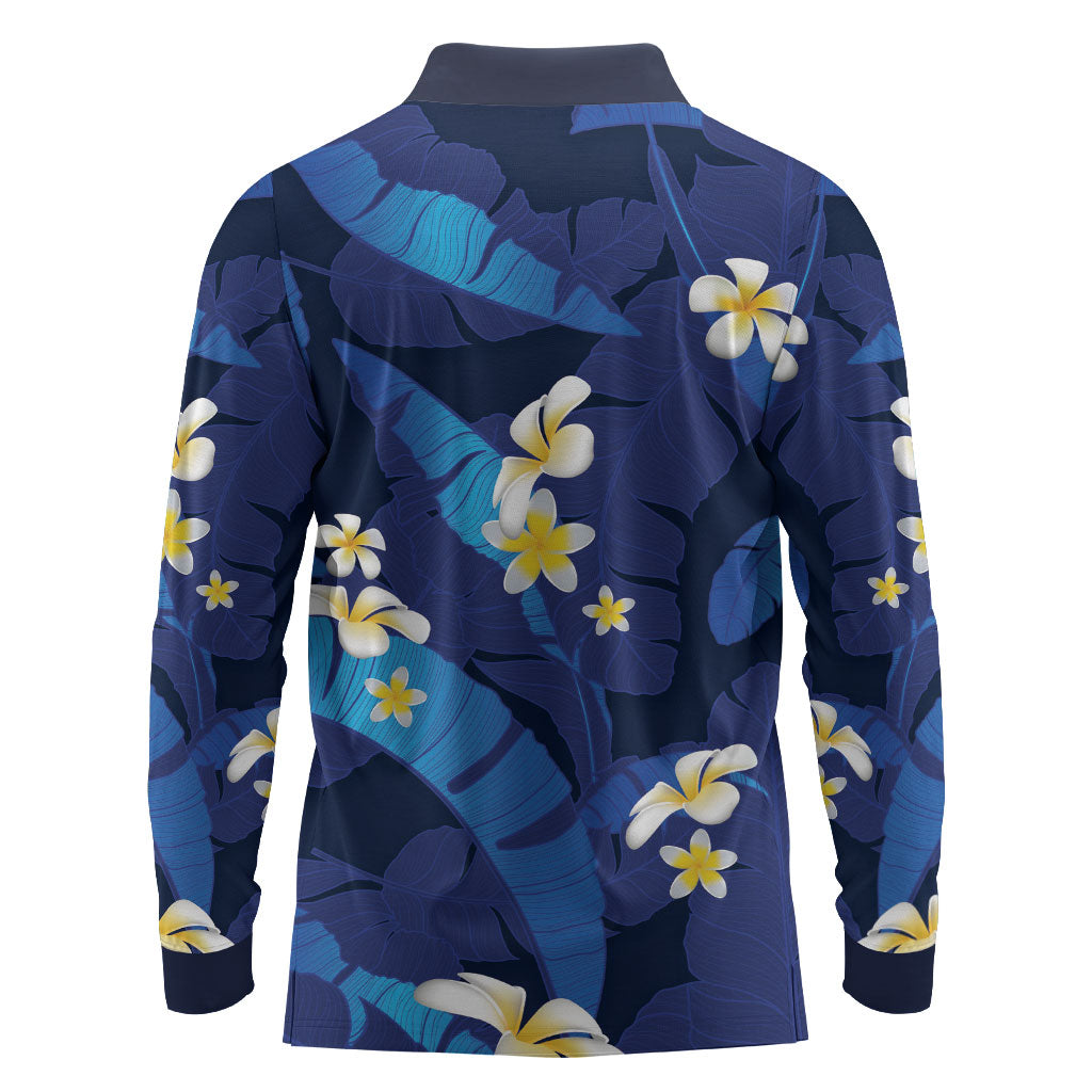 Teal Purple Banana Leaf Hawaii Long Sleeve Polo Shirt Lau Maia Plumeria Tropical Summer Vibes
