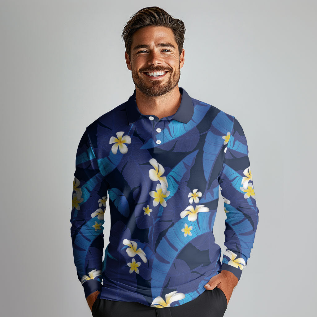 Teal Purple Banana Leaf Hawaii Long Sleeve Polo Shirt Lau Maia Plumeria Tropical Summer Vibes