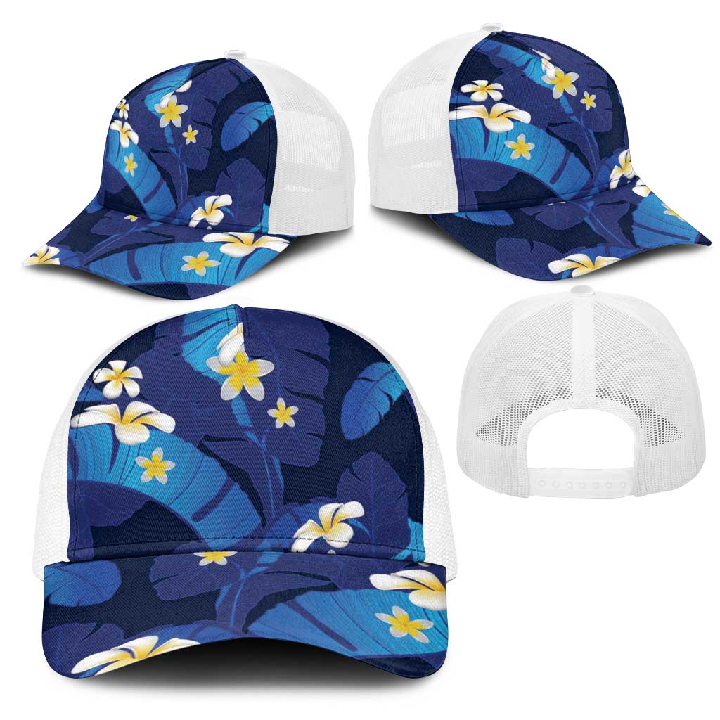 Teal Purple Banana Leaf Hawaii Mesh Trucker Cap Lau Maia Plumeria Tropical Summer Vibes