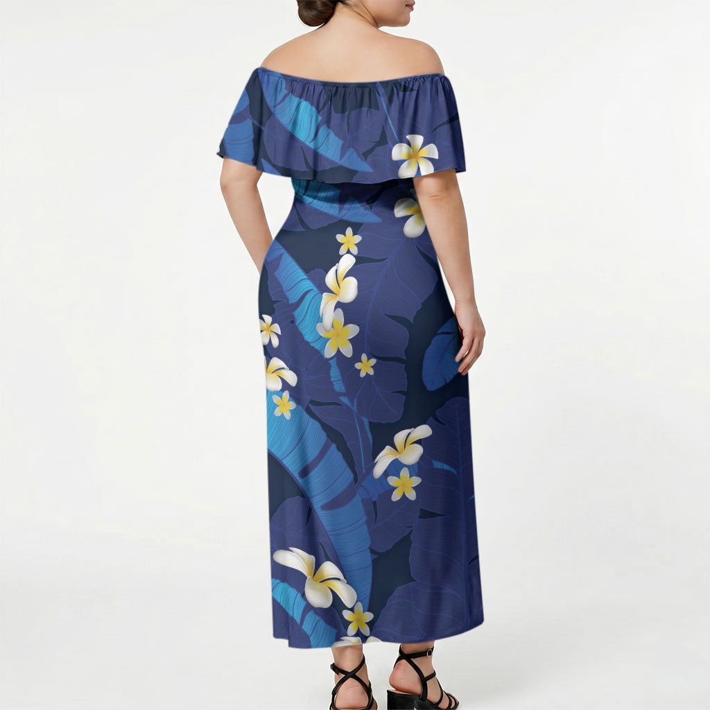 Teal Purple Banana Leaf Hawaii Off Shoulder Maxi Dress Lau Maia Plumeria Tropical Summer Vibes