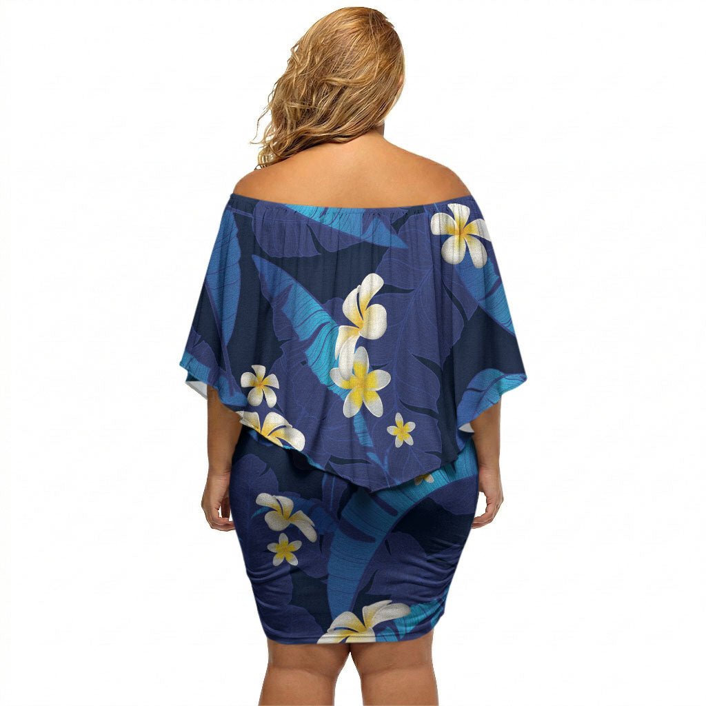Teal Purple Banana Leaf Hawaii Off Shoulder Short Dress Lau Maia Plumeria Tropical Summer Vibes