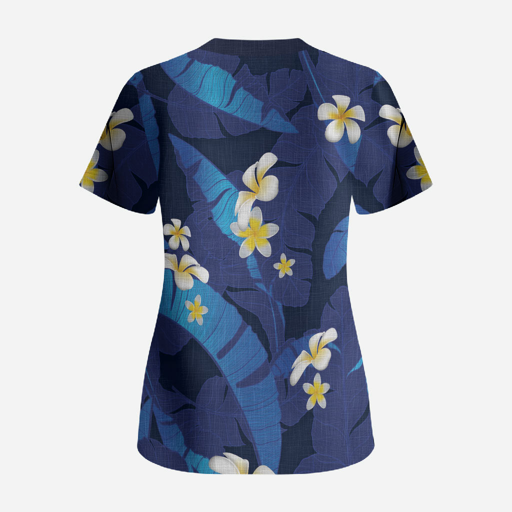 Teal Purple Banana Leaf Hawaii Scrub Top Lau Maia Plumeria Tropical Summer Vibes