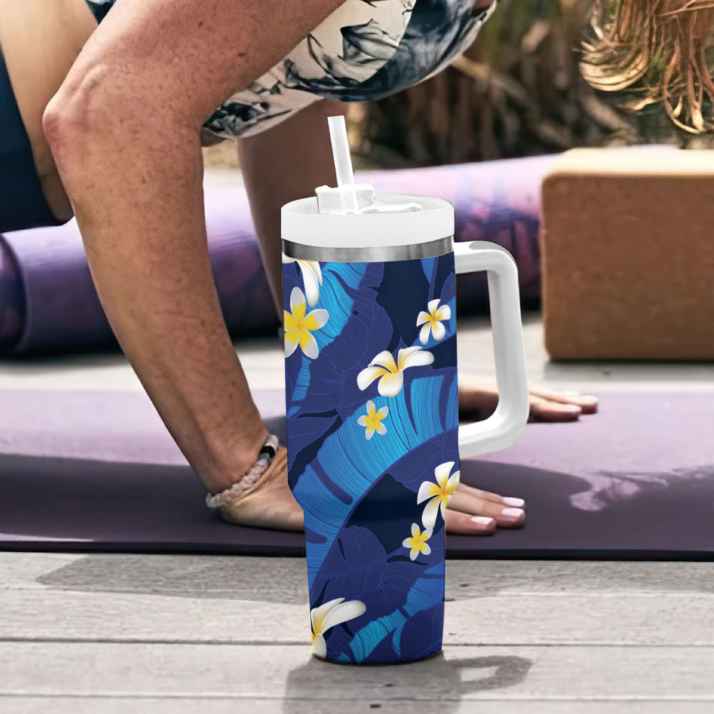 Teal Purple Banana Leaf Hawaii Tumbler With Handle Lau Maia Plumeria Tropical Summer Vibes