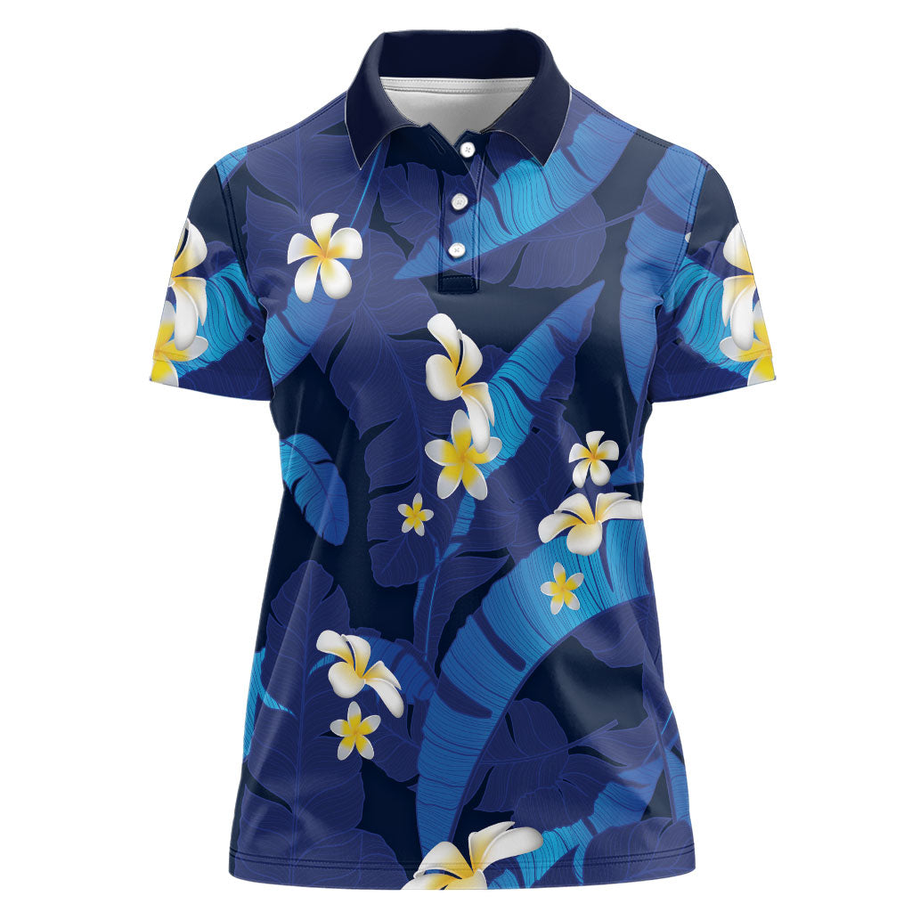 Teal Purple Banana Leaf Hawaii Women Polo Shirt Lau Maia Plumeria Tropical Summer Vibes