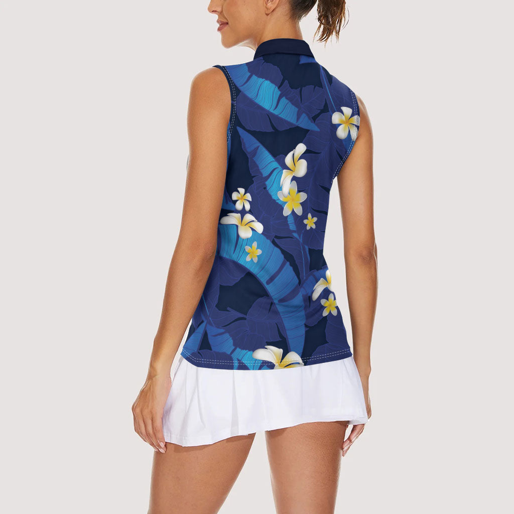Teal Purple Banana Leaf Hawaii Women Sleeveless Polo Shirt Lau Maia Plumeria Tropical Summer Vibes