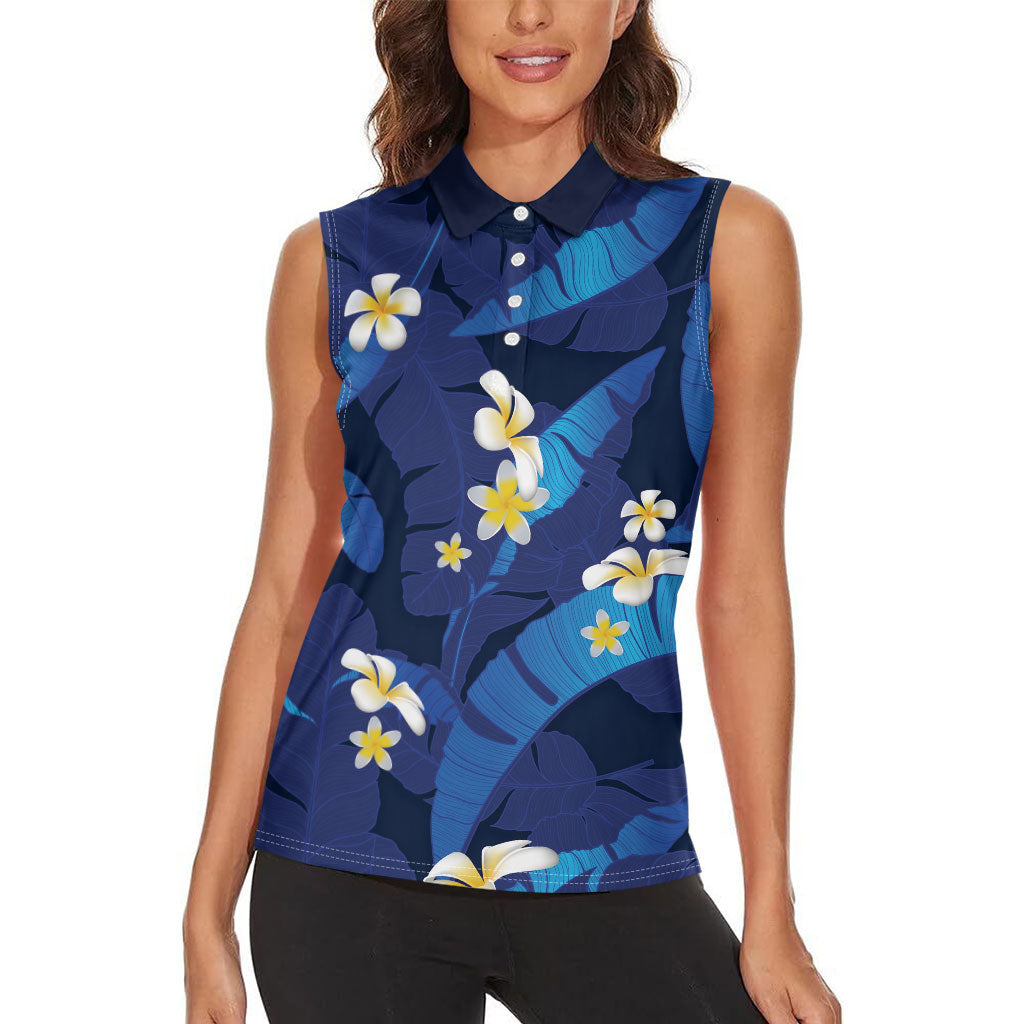 Teal Purple Banana Leaf Hawaii Women Sleeveless Polo Shirt Lau Maia Plumeria Tropical Summer Vibes