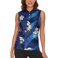 Teal Purple Banana Leaf Hawaii Women Sleeveless Polo Shirt Lau Maia Plumeria Tropical Summer Vibes