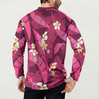 Pink Banana Leaf Hawaii Button Sweatshirt Lau Maia Plumeria Tropical Summer Vibes
