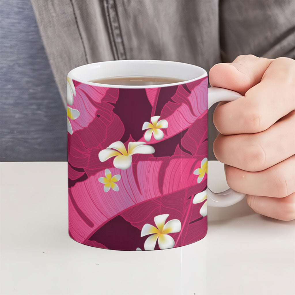 Pink Banana Leaf Hawaii Ceramic Mug Lau Maia Plumeria Tropical Summer Vibes