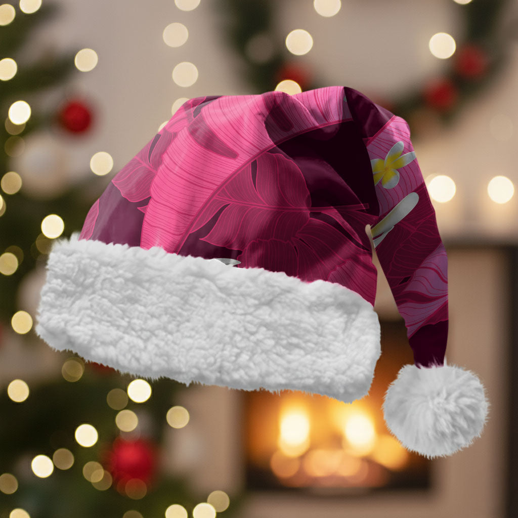 Pink Banana Leaf Hawaii Christmas Santa Hat Lau Maia Plumeria Tropical Summer Vibes LT14 With Fur Pink - Polynesian Pride