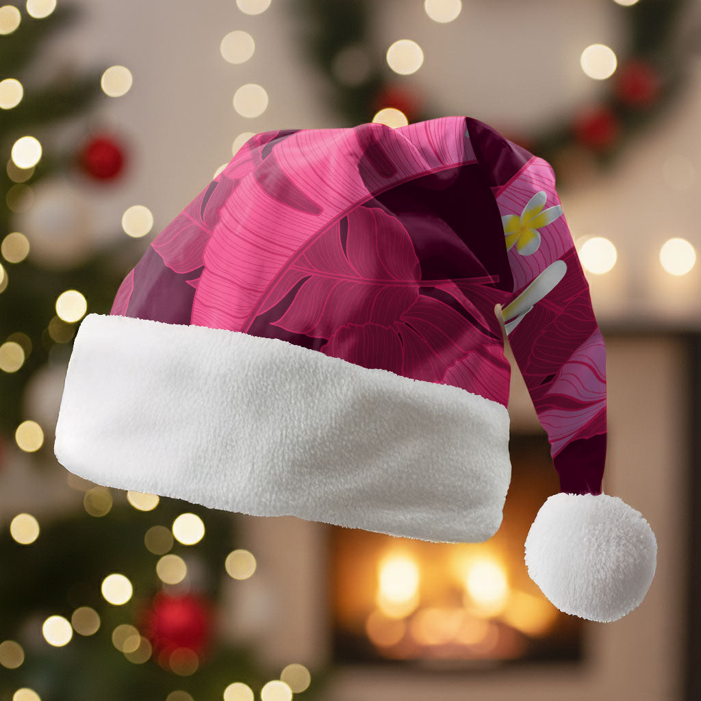 Pink Banana Leaf Hawaii Christmas Santa Hat Lau Maia Plumeria Tropical Summer Vibes LT14 Without Fur Pink - Polynesian Pride