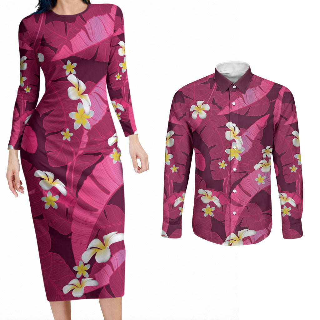 Pink Banana Leaf Hawaii Couples Matching Long Sleeve Bodycon Dress and Long Sleeve Button Shirt Lau Maia Plumeria Tropical Summer Vibes