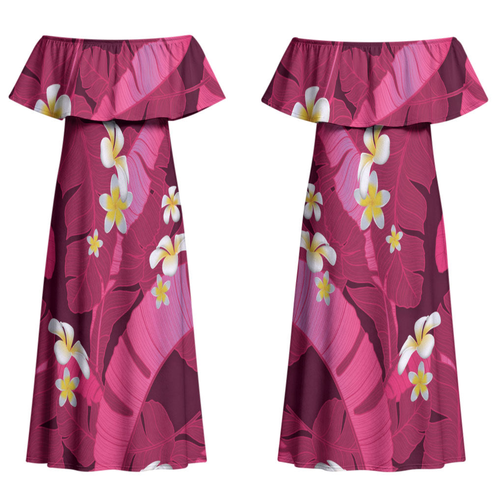 Pink Banana Leaf Hawaii Couples Matching Off Shoulder Maxi Dress and Hawaiian Shirt Lau Maia Plumeria Tropical Summer Vibes
