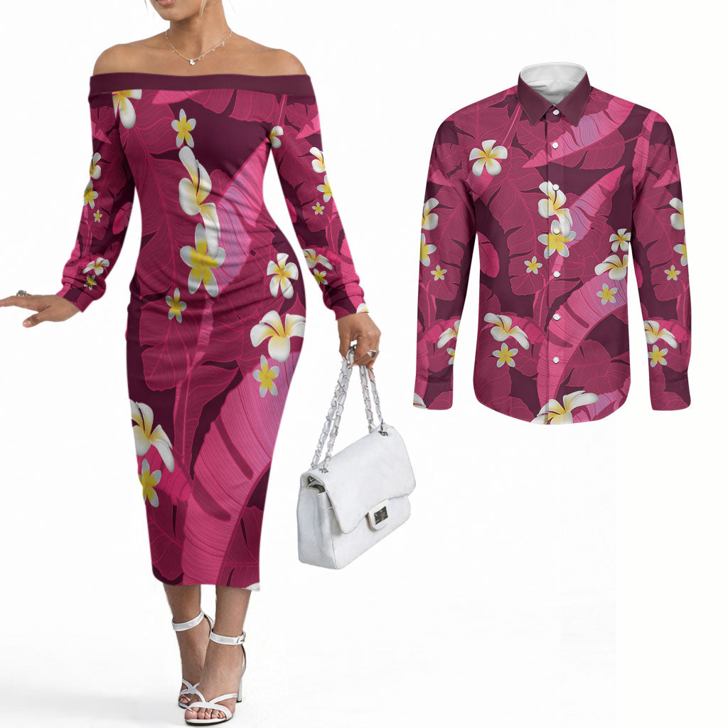 Pink Banana Leaf Hawaii Couples Matching Off The Shoulder Long Sleeve Dress and Long Sleeve Button Shirt Lau Maia Plumeria Tropical Summer Vibes