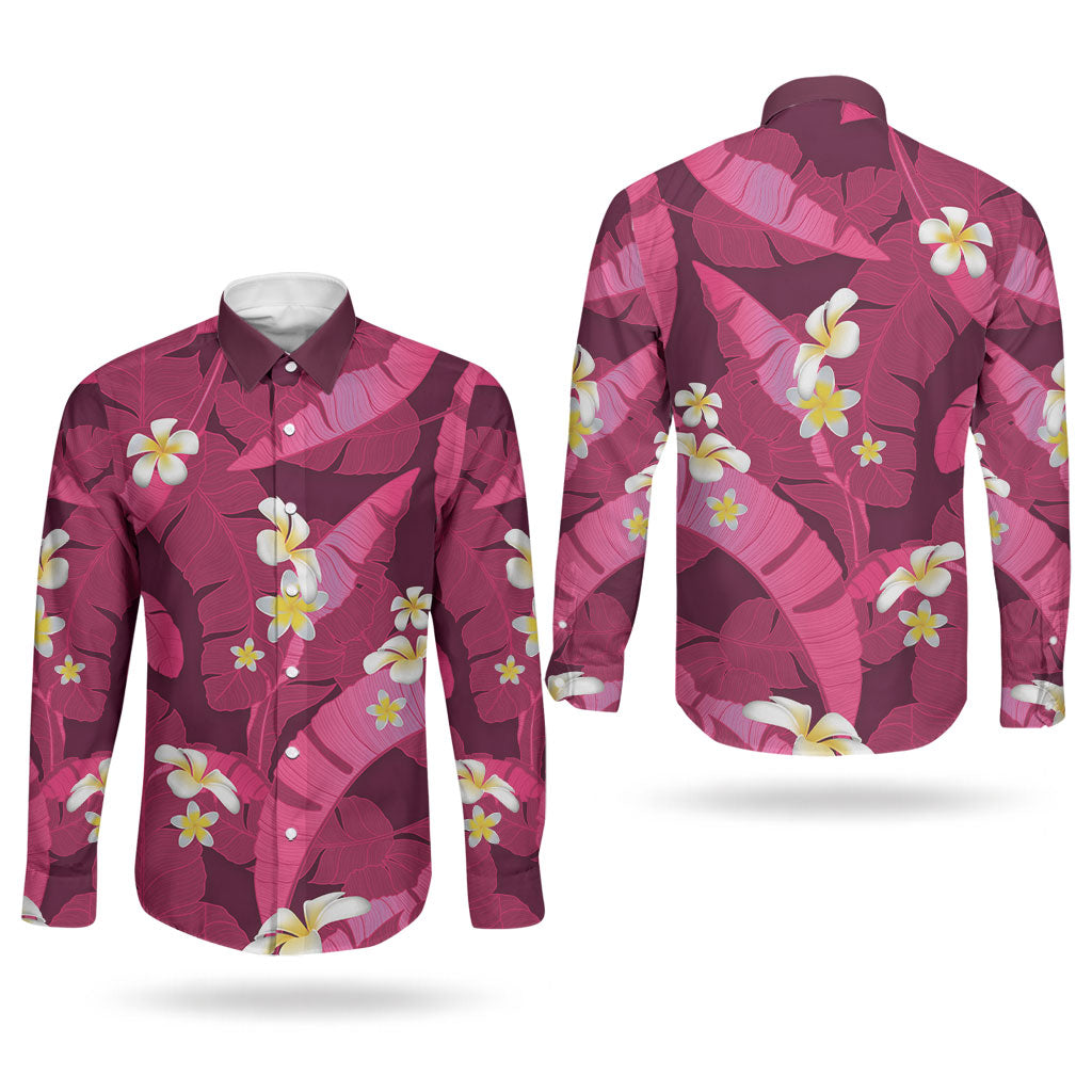 Pink Banana Leaf Hawaii Couples Matching Off The Shoulder Long Sleeve Dress and Long Sleeve Button Shirt Lau Maia Plumeria Tropical Summer Vibes