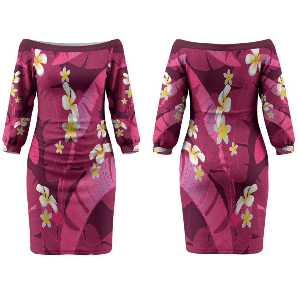 Pink Banana Leaf Hawaii Couples Matching Off The Shoulder Long Sleeve Dress and Long Sleeve Button Shirt Lau Maia Plumeria Tropical Summer Vibes