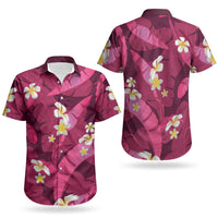 Pink Banana Leaf Hawaii Couples Matching Puletasi and Hawaiian Shirt Lau Maia Plumeria Tropical Summer Vibes