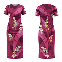 Pink Banana Leaf Hawaii Couples Matching Short Sleeve Bodycon Dress and Long Sleeve Button Shirt Lau Maia Plumeria Tropical Summer Vibes