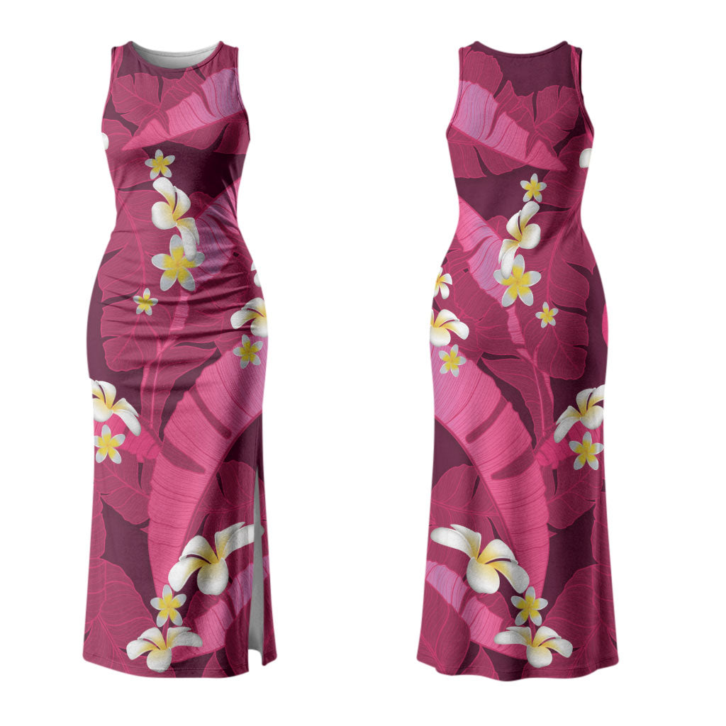 Pink Banana Leaf Hawaii Couples Matching Tank Maxi Dress and Long Sleeve Button Shirt Lau Maia Plumeria Tropical Summer Vibes