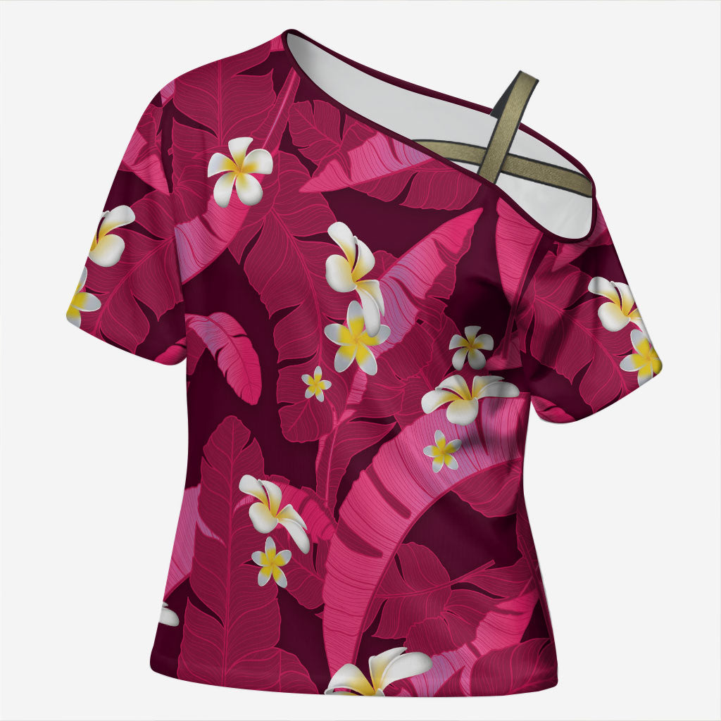 Pink Banana Leaf Hawaii Cross Shoulder Shirt Lau Maia Plumeria Tropical Summer Vibes