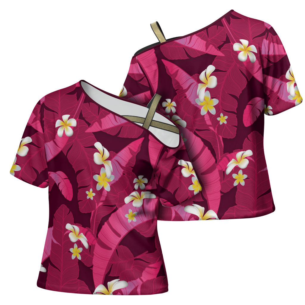 Pink Banana Leaf Hawaii Cross Shoulder Shirt Lau Maia Plumeria Tropical Summer Vibes