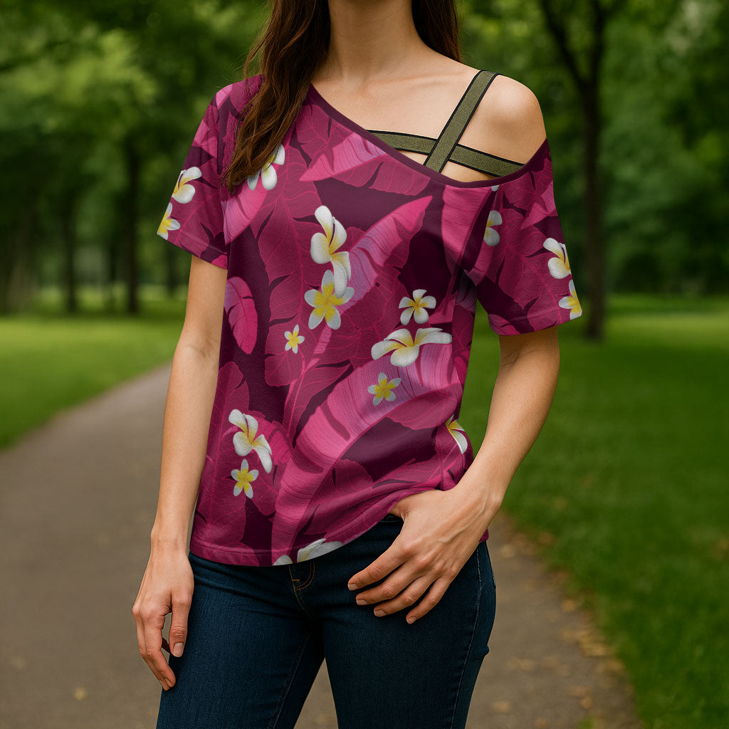 Pink Banana Leaf Hawaii Cross Shoulder Shirt Lau Maia Plumeria Tropical Summer Vibes
