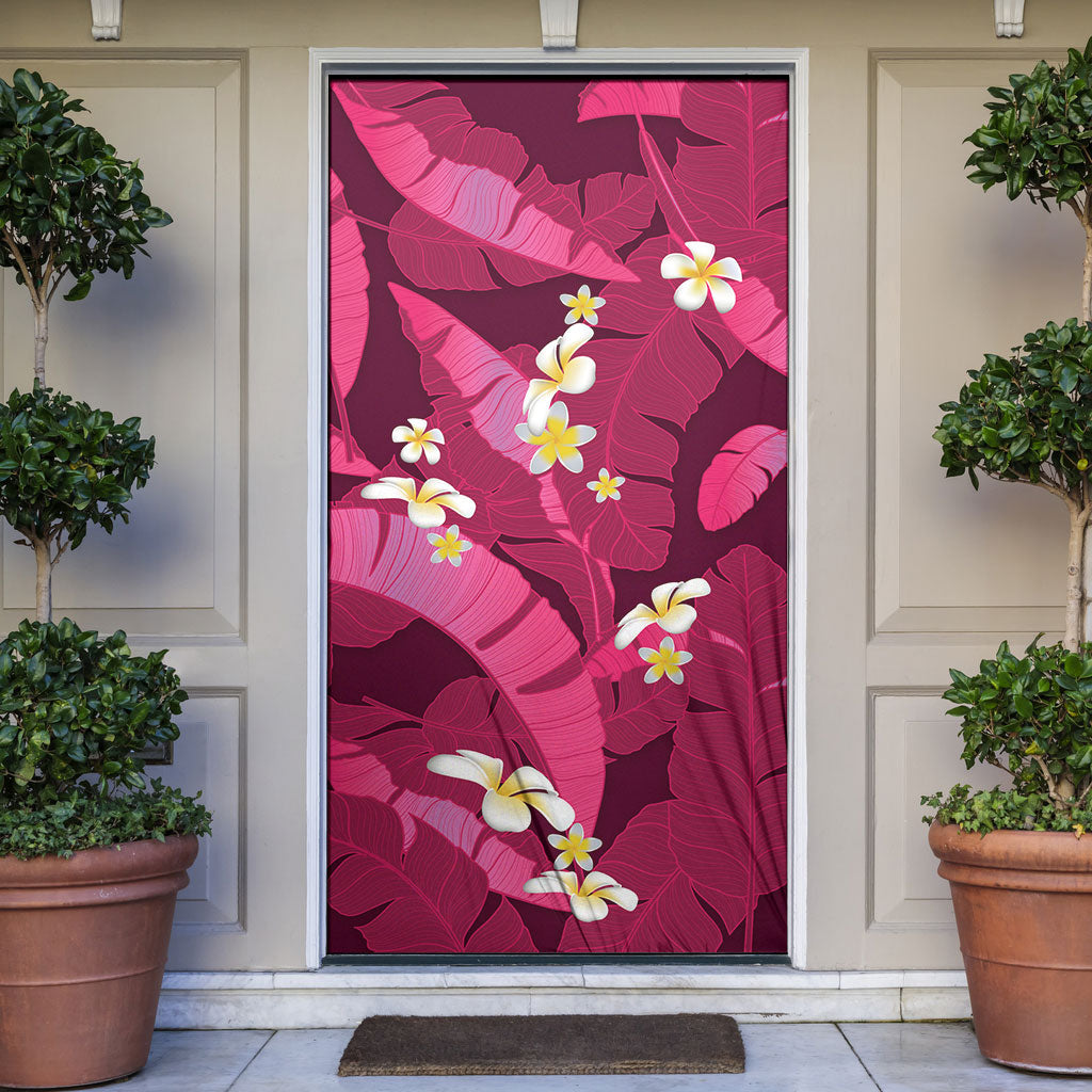 Pink Banana Leaf Hawaii Door Cover Lau Maia Plumeria Tropical Summer Vibes
