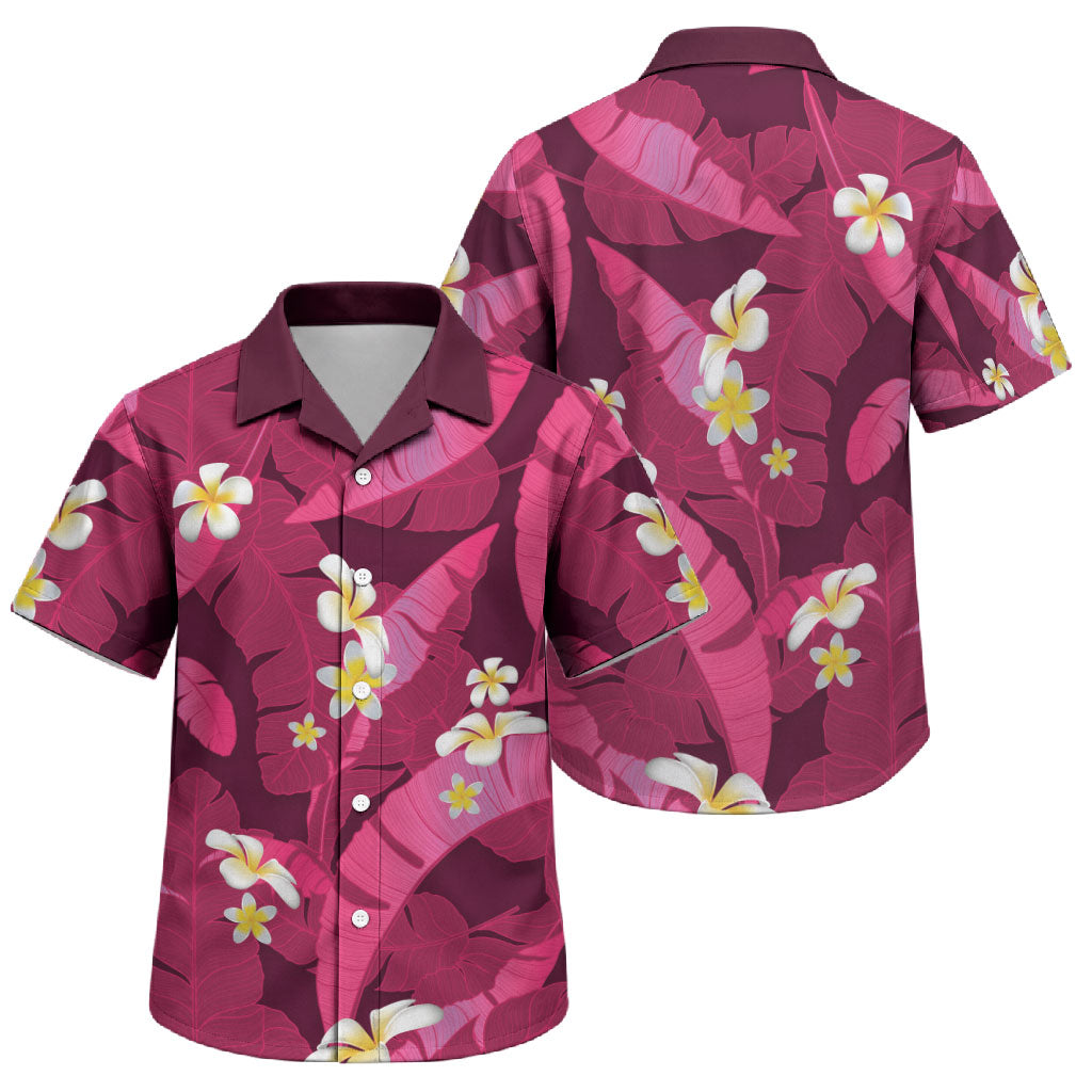 Pink Banana Leaf Hawaii Family Matching Off The Shoulder Long Sleeve Dress and Hawaiian Shirt Lau Maia Plumeria Tropical Summer Vibes