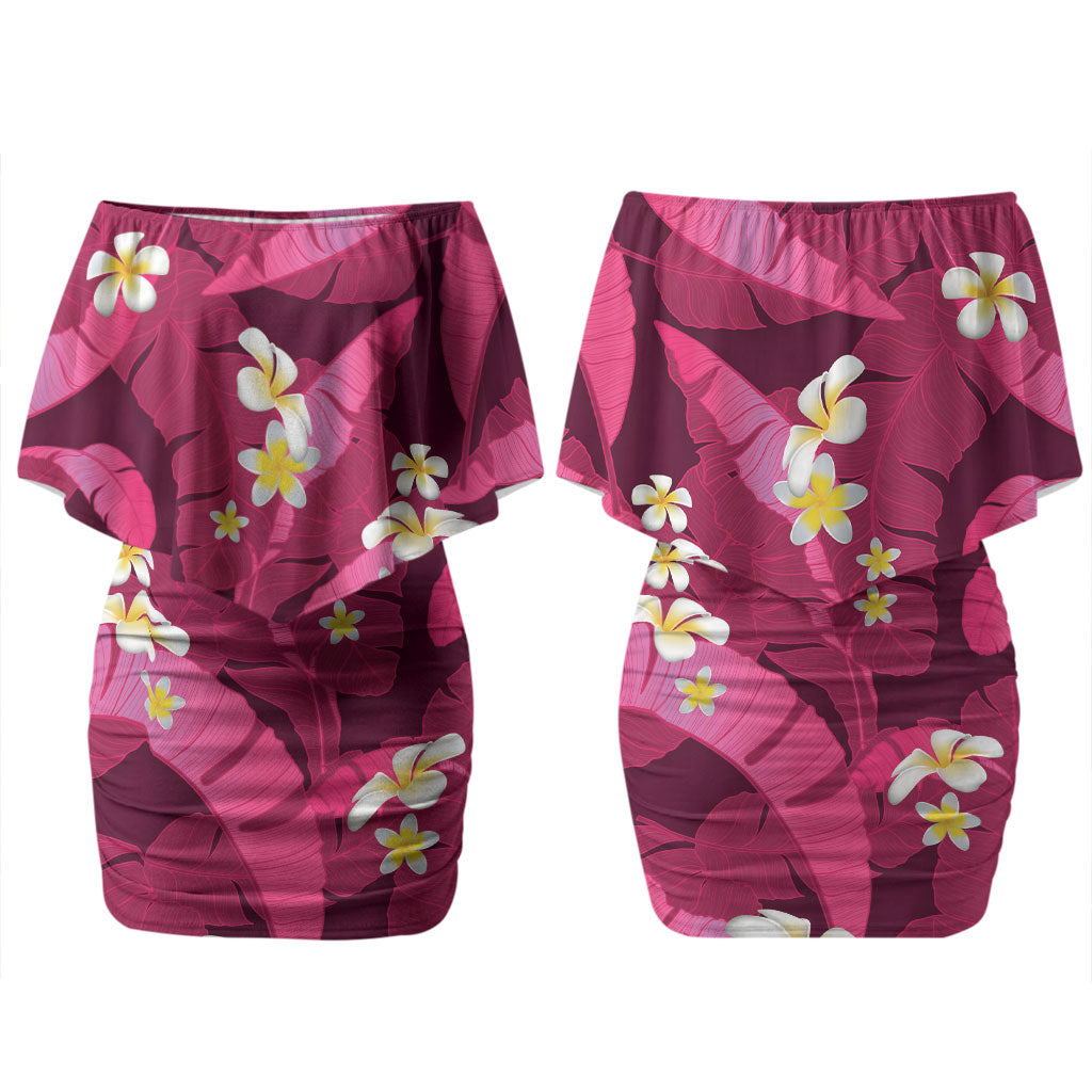 Pink Banana Leaf Hawaii Family Matching Off Shoulder Short Dress and Hawaiian Shirt Lau Maia Plumeria Tropical Summer Vibes