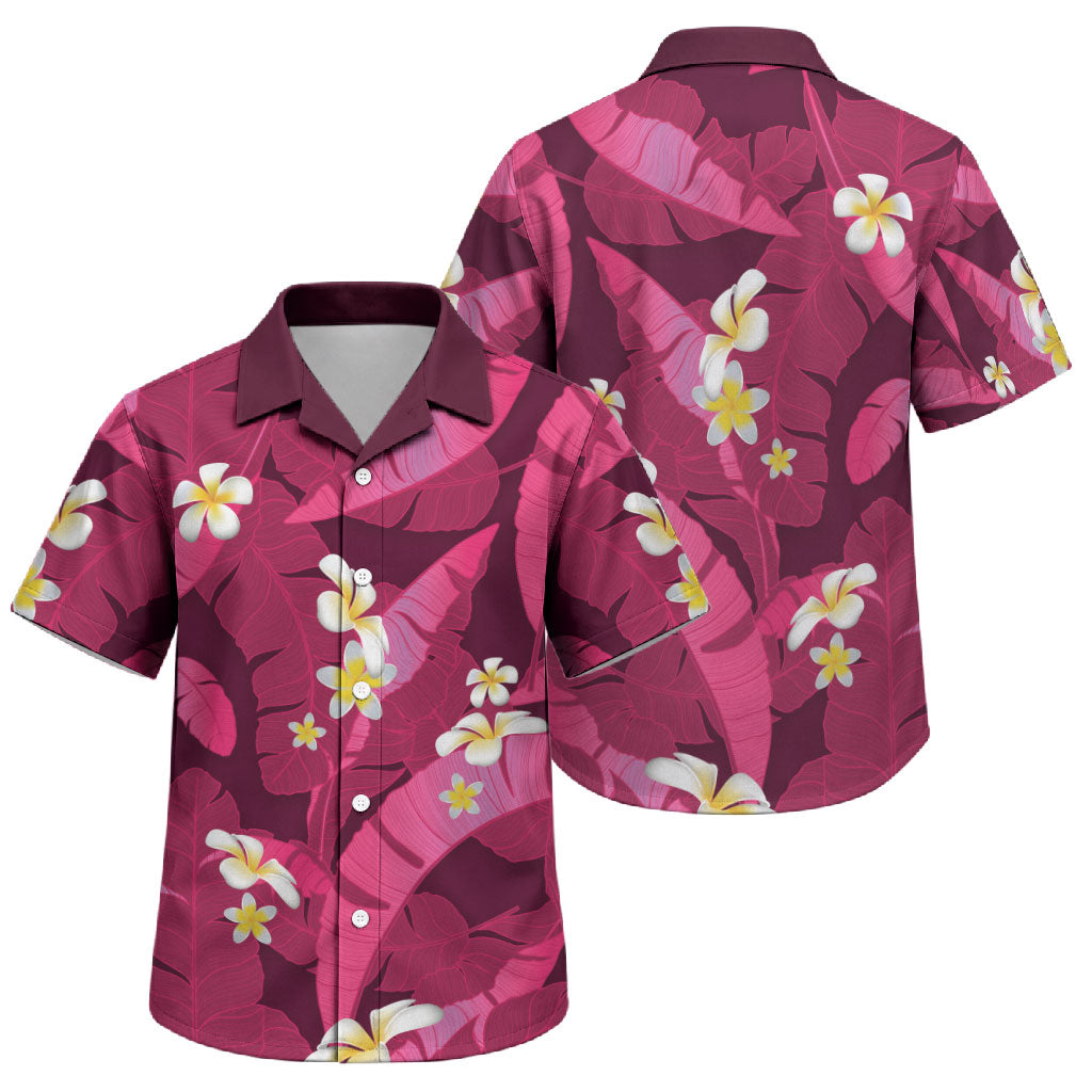 Pink Banana Leaf Hawaii Family Matching Off Shoulder Short Dress and Hawaiian Shirt Lau Maia Plumeria Tropical Summer Vibes