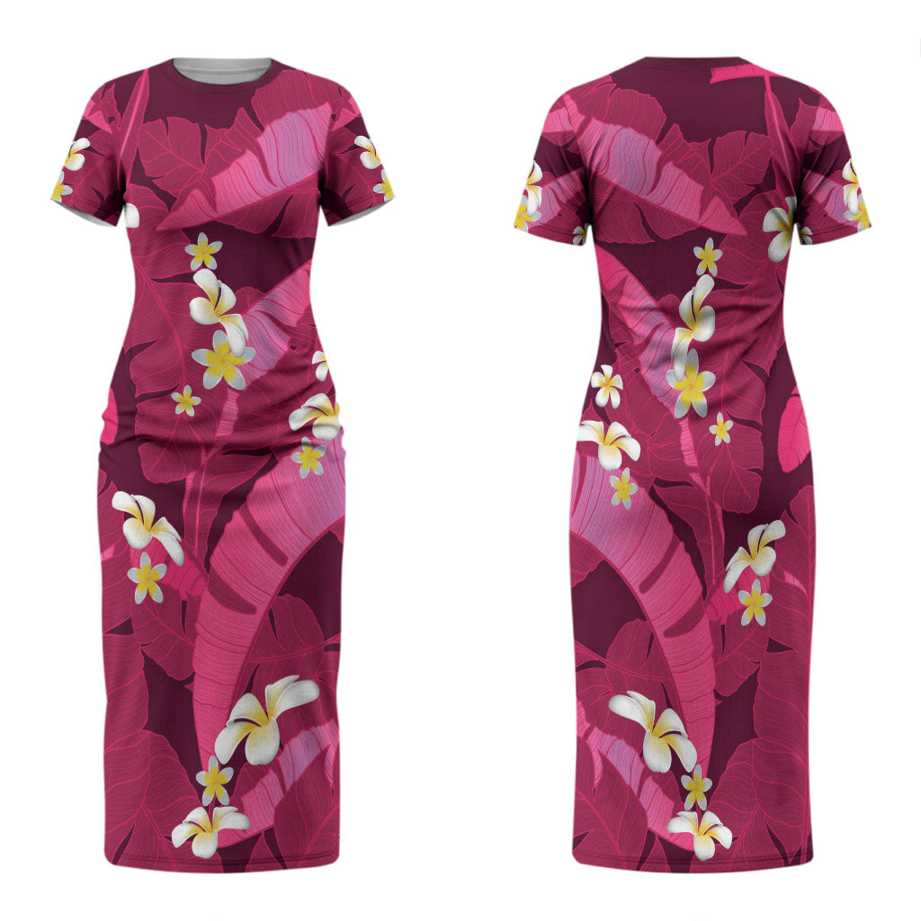 Pink Banana Leaf Hawaii Family Matching Short Sleeve Bodycon Dress and Hawaiian Shirt Lau Maia Plumeria Tropical Summer Vibes