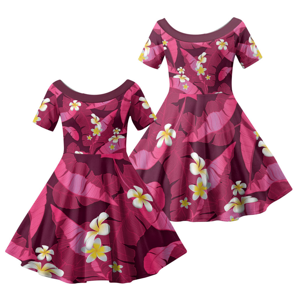 Pink Banana Leaf Hawaii Family Matching Short Sleeve Bodycon Dress and Hawaiian Shirt Lau Maia Plumeria Tropical Summer Vibes