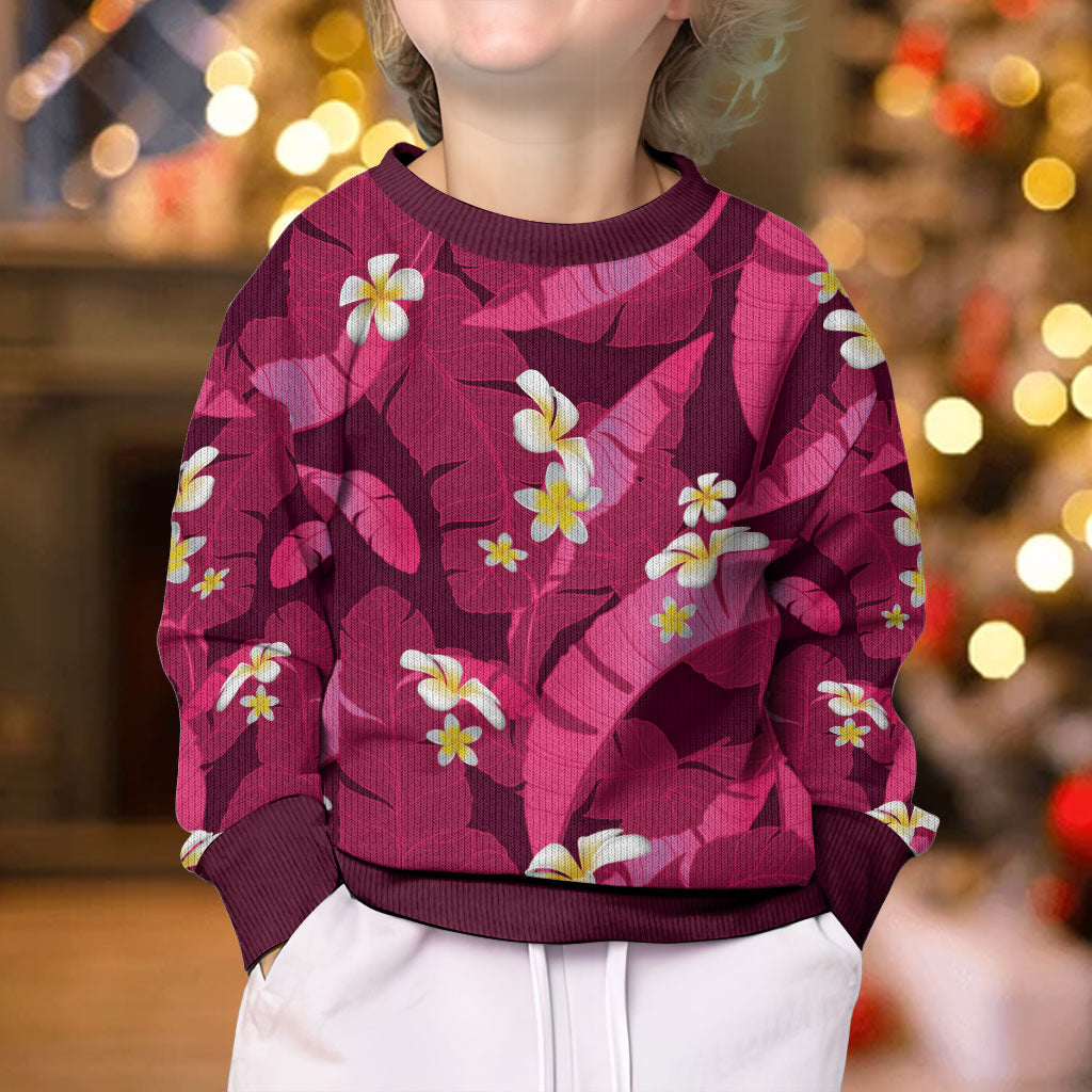 Pink Banana Leaf Hawaii Kid Ugly Christmas Sweater Lau Maia Plumeria Tropical Summer Vibes LT14 - Polynesian Pride