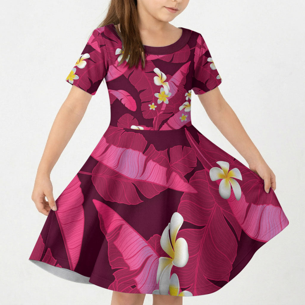 Pink Banana Leaf Hawaii Kid Short Sleeve Dress Lau Maia Plumeria Tropical Summer Vibes