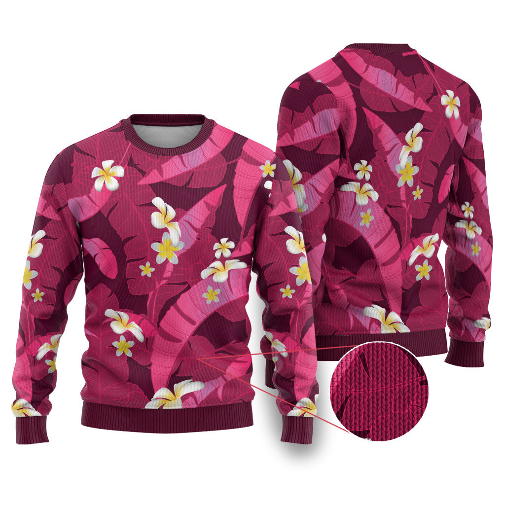Pink Banana Leaf Hawaii Ugly Christmas Sweater Lau Maia Plumeria Tropical Summer Vibes LT14 Pink - Polynesian Pride