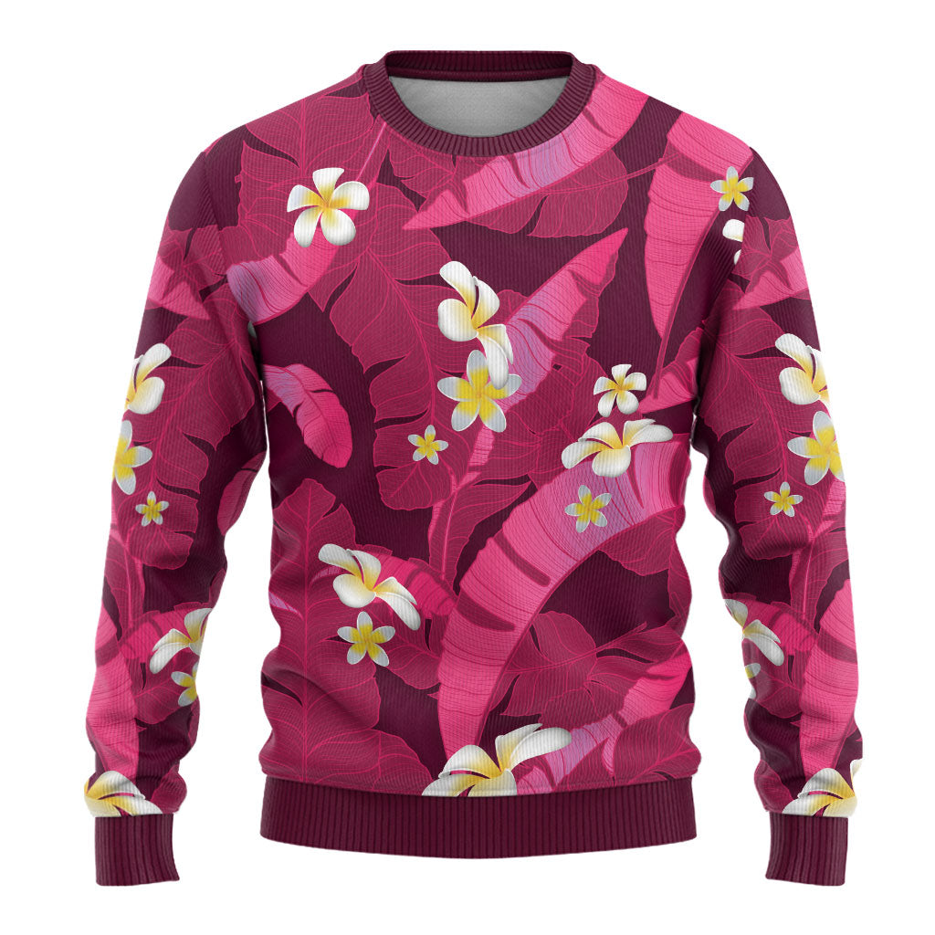 Pink Banana Leaf Hawaii Ugly Christmas Sweater Lau Maia Plumeria Tropical Summer Vibes LT14 - Polynesian Pride